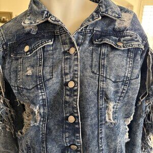 Distressed Denim Jacket With Cowboy Fringe 100% Cotton 1990's Grunge